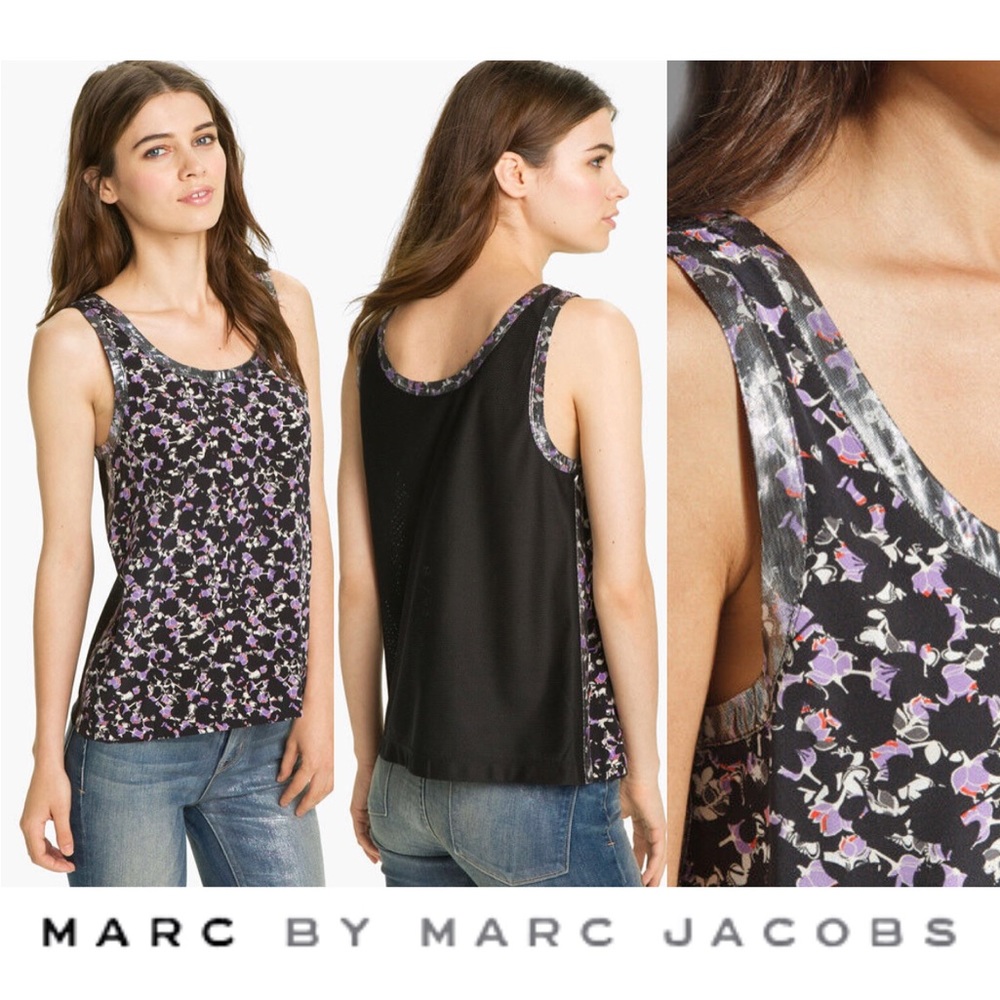 Marc by Marc Jacobs Exeter Purple & Black Print Floral Metallic Trim Tank Top